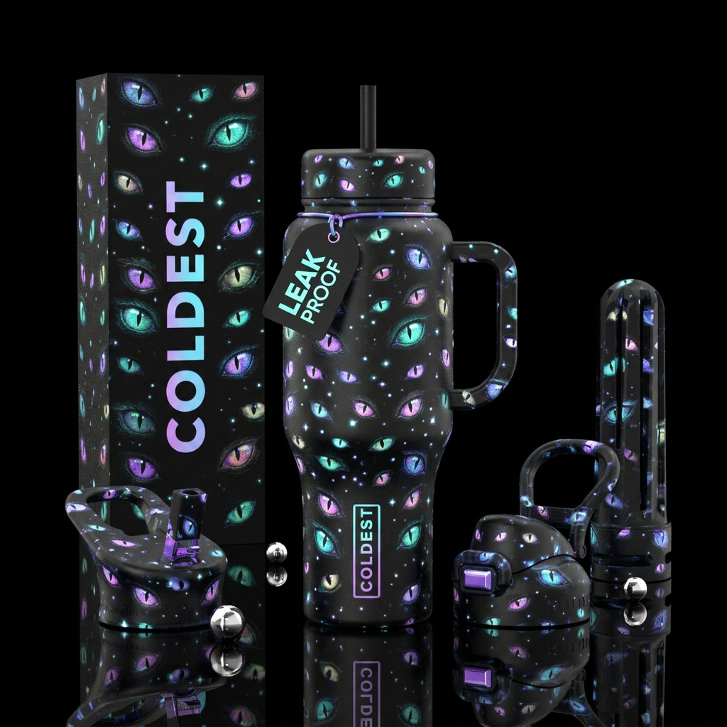 Black background with pairs of glowing dragon eyes... water bottle design