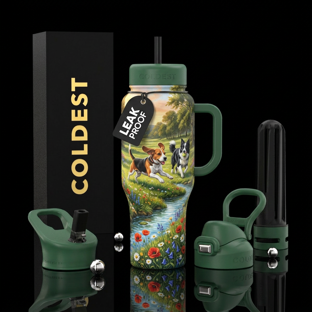 Beagle and boarder collie playing in field with st... water bottle design