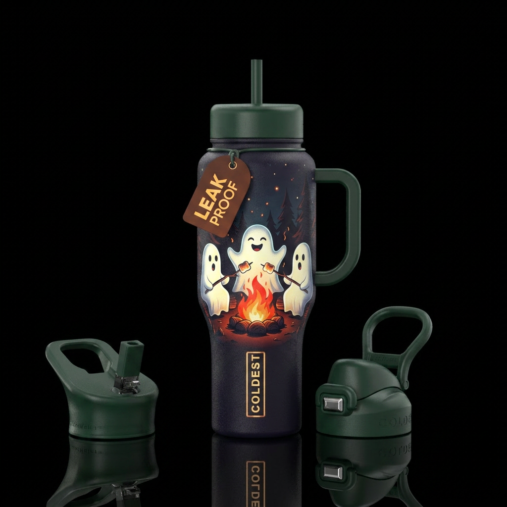 ghosts sitting around campfire in woods at night s... water bottle design
