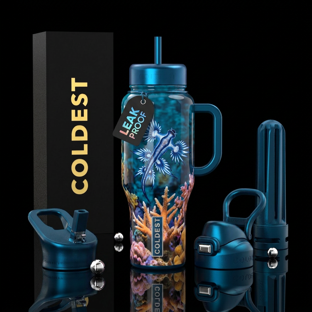 blue dragon sea slug camouflaged amongst sea corra... water bottle design