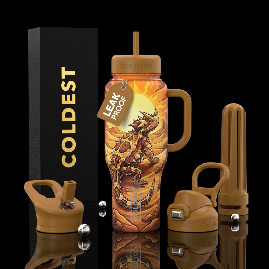 thorny devil amidst desert landscape water bottle design