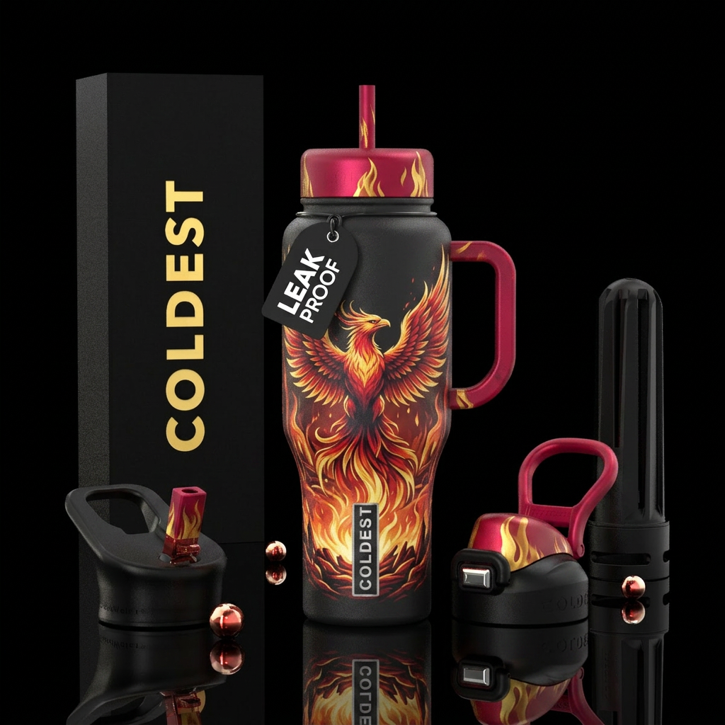 phoenix with wide wingspan rising up from fire water bottle design
