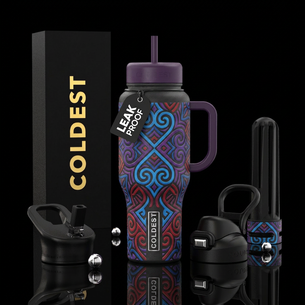 intricate symmetrical design in blue purple and re... water bottle design