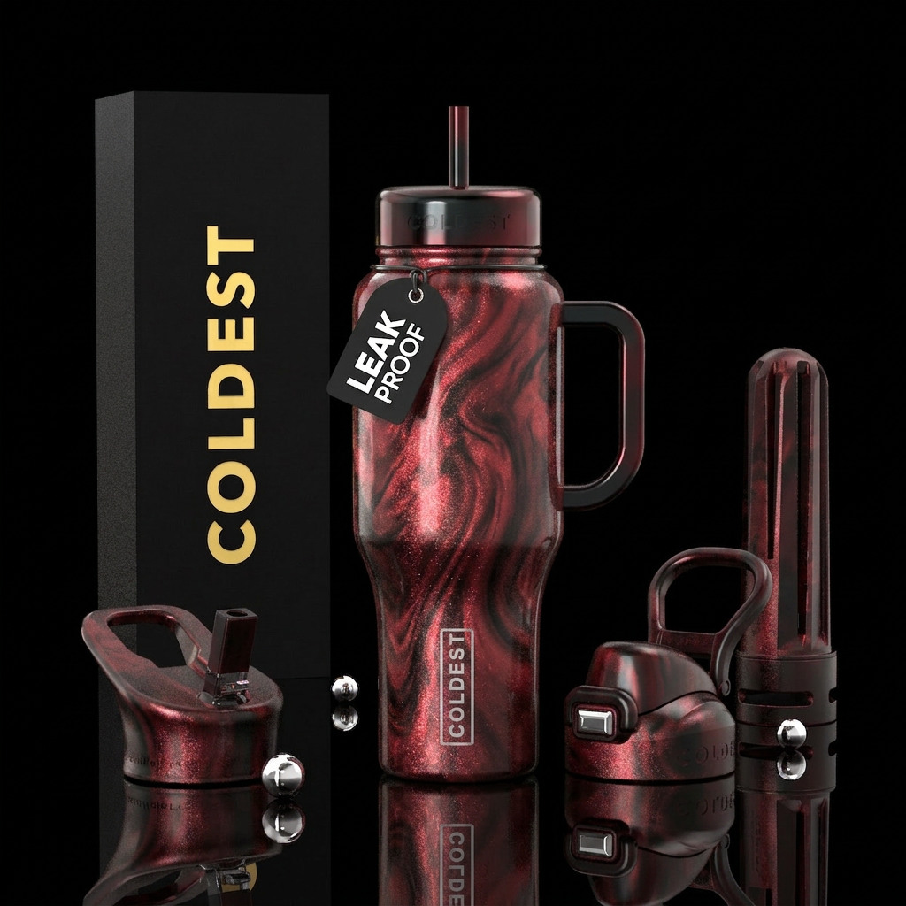 Red and black shimmering marble water bottle design