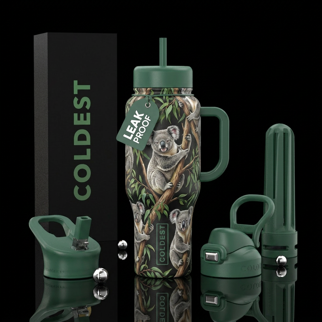 Koalas hanging from trees in eucalyptus forest water bottle design