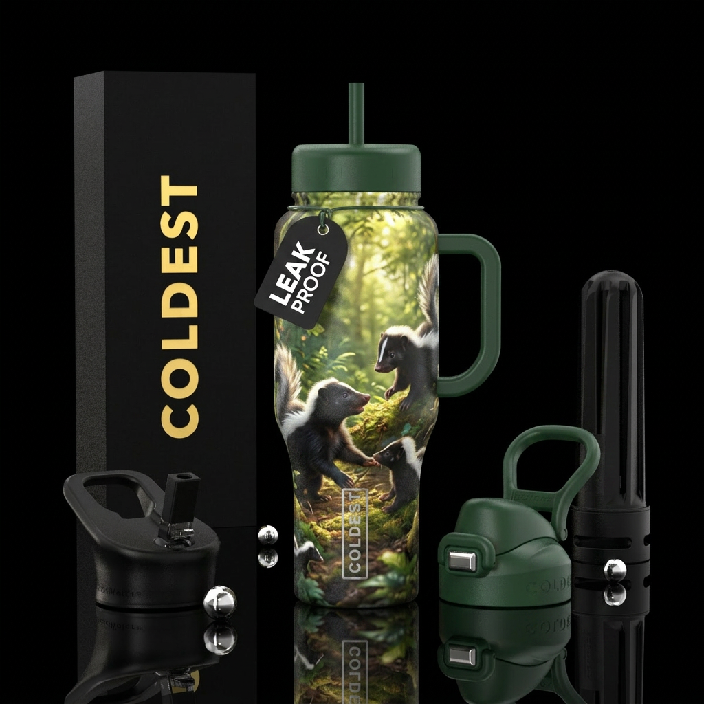 Baby skunks walking playing in wooded area water bottle design