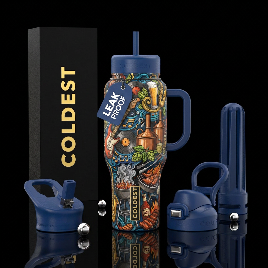 Blues, brews, barbeque water bottle design