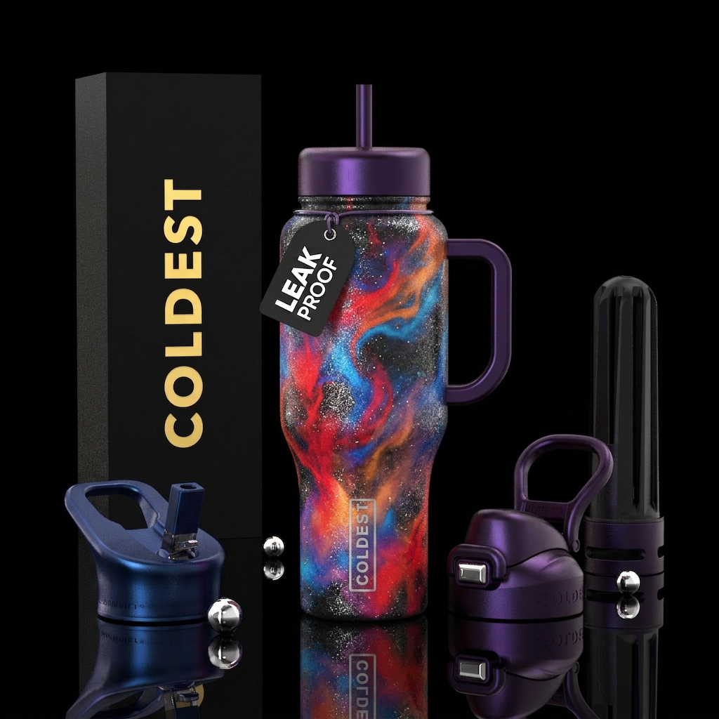 Red, blue, orange, purple mist with textured silve... water bottle design