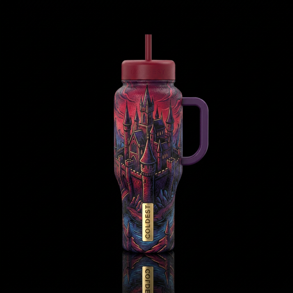 Gothic red, black, purple, blue castle mote water bottle design