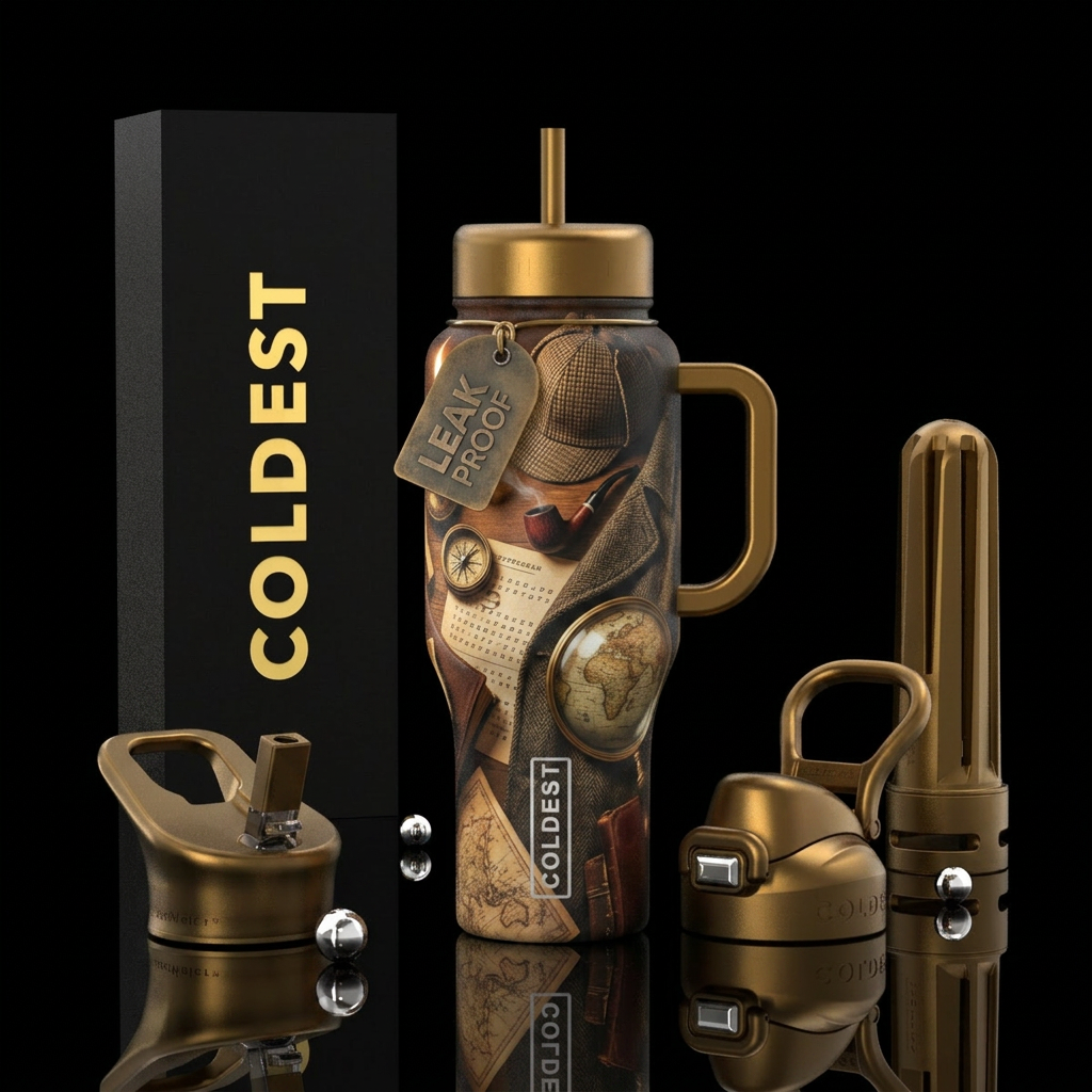 Detective, hat, pipe, compass, overcoat, cryptogra... water bottle design