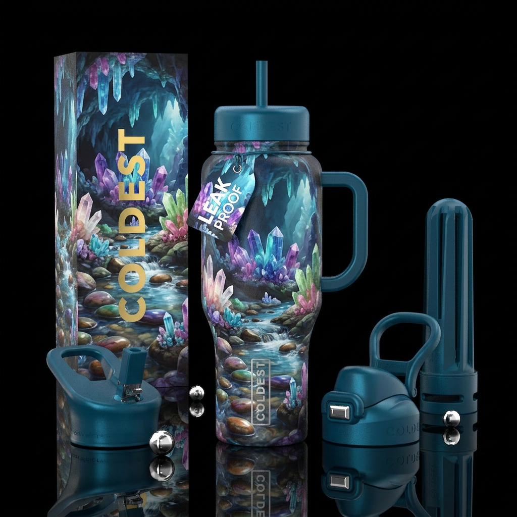 Growing crystals in underground cave with stream water bottle design