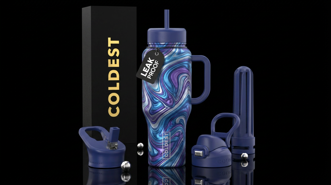 Blue, purple and silver swirl water bottle design
