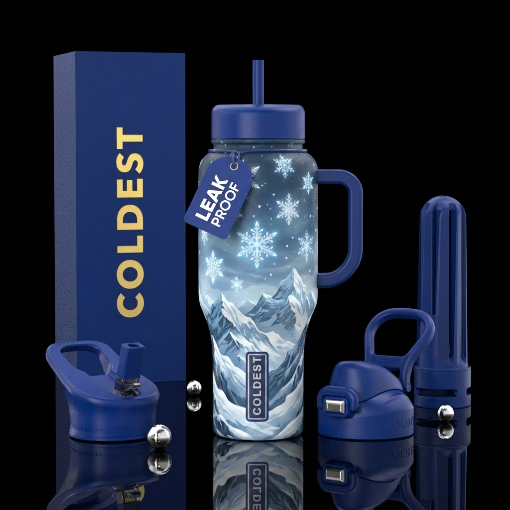 Snow covered mountains with glowing snowflakes fal... water bottle design