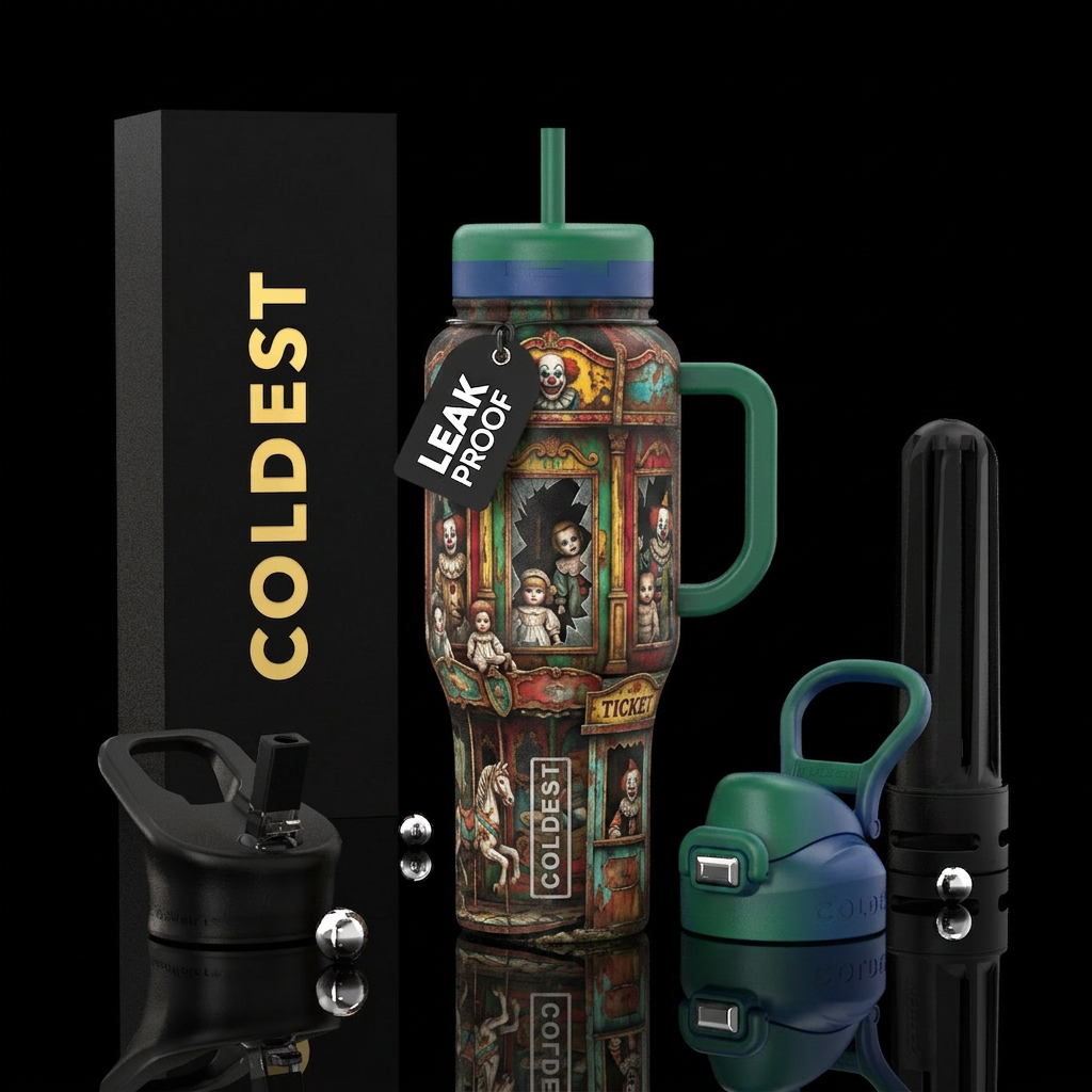Percelin dolls and clowns with abandoned fun house... water bottle design