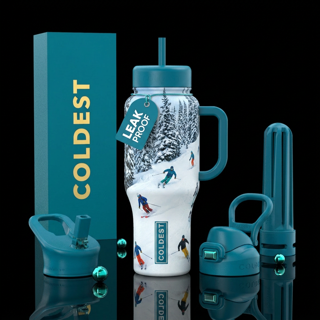 Skiers skiing down snowy mountain slopes lined wit... water bottle design