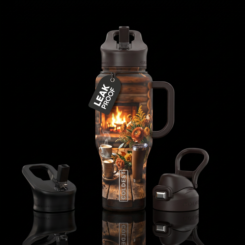 Cups of coffee and floral arrangement on wooden ta... water bottle design