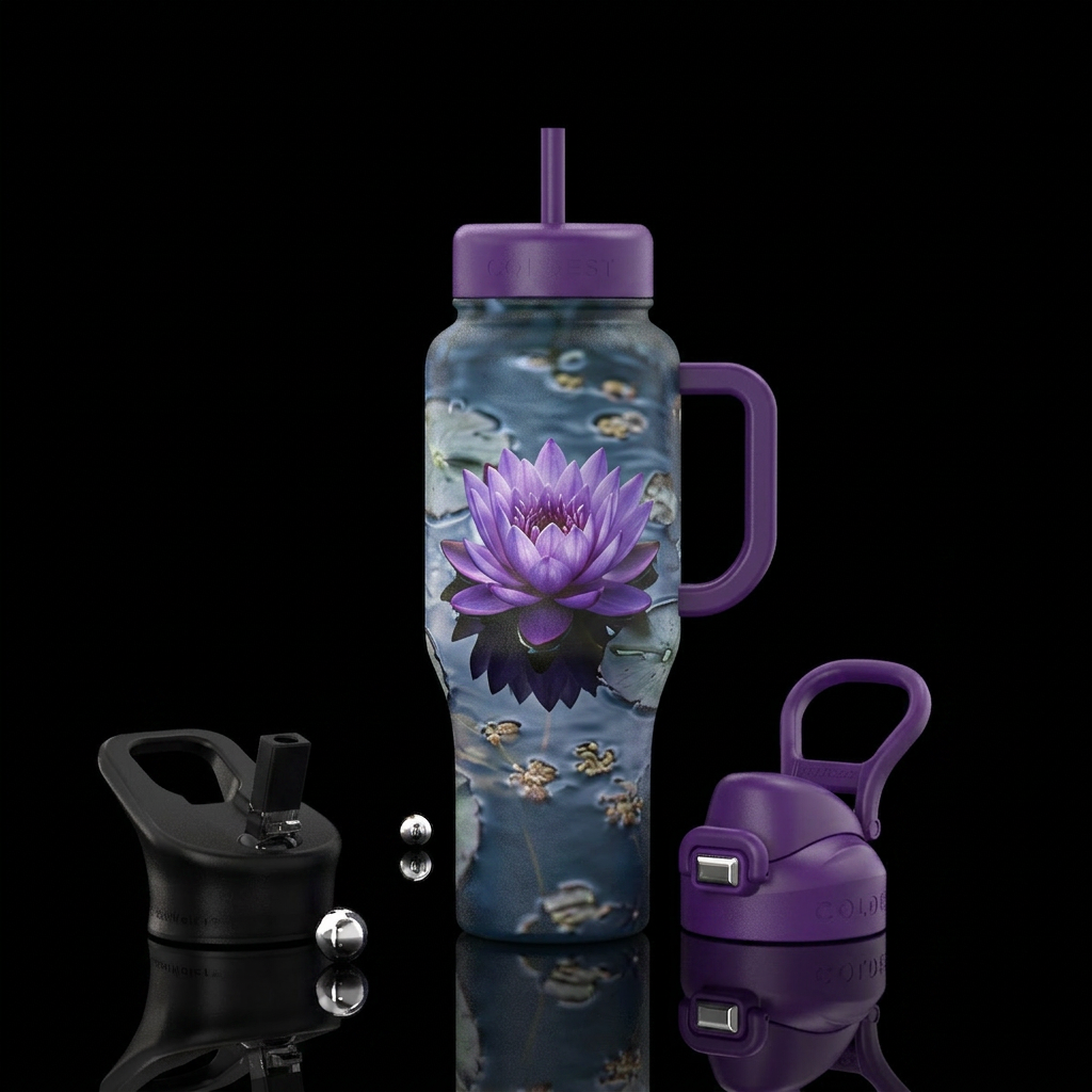 Purple Lotus flower floating in water water bottle design