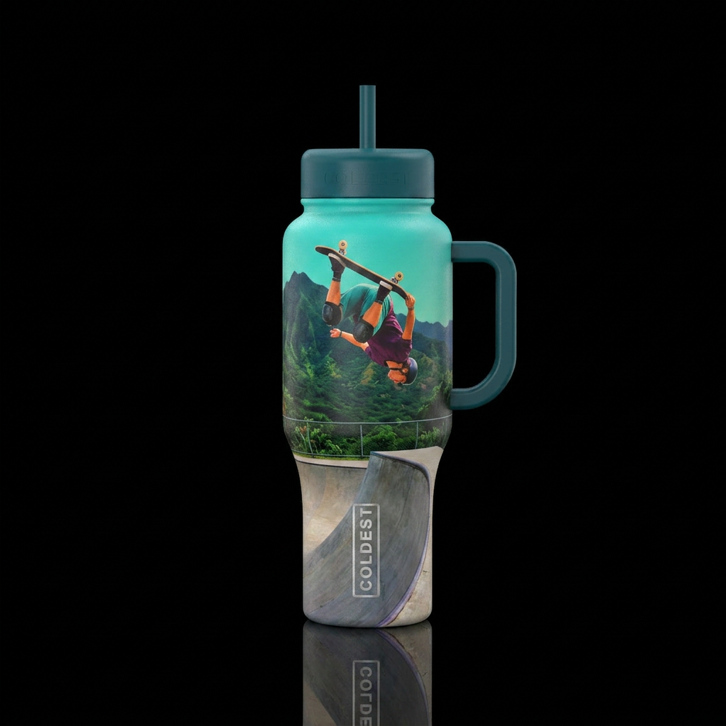 Skateboarder doing a frontside invert airwalk with... water bottle design