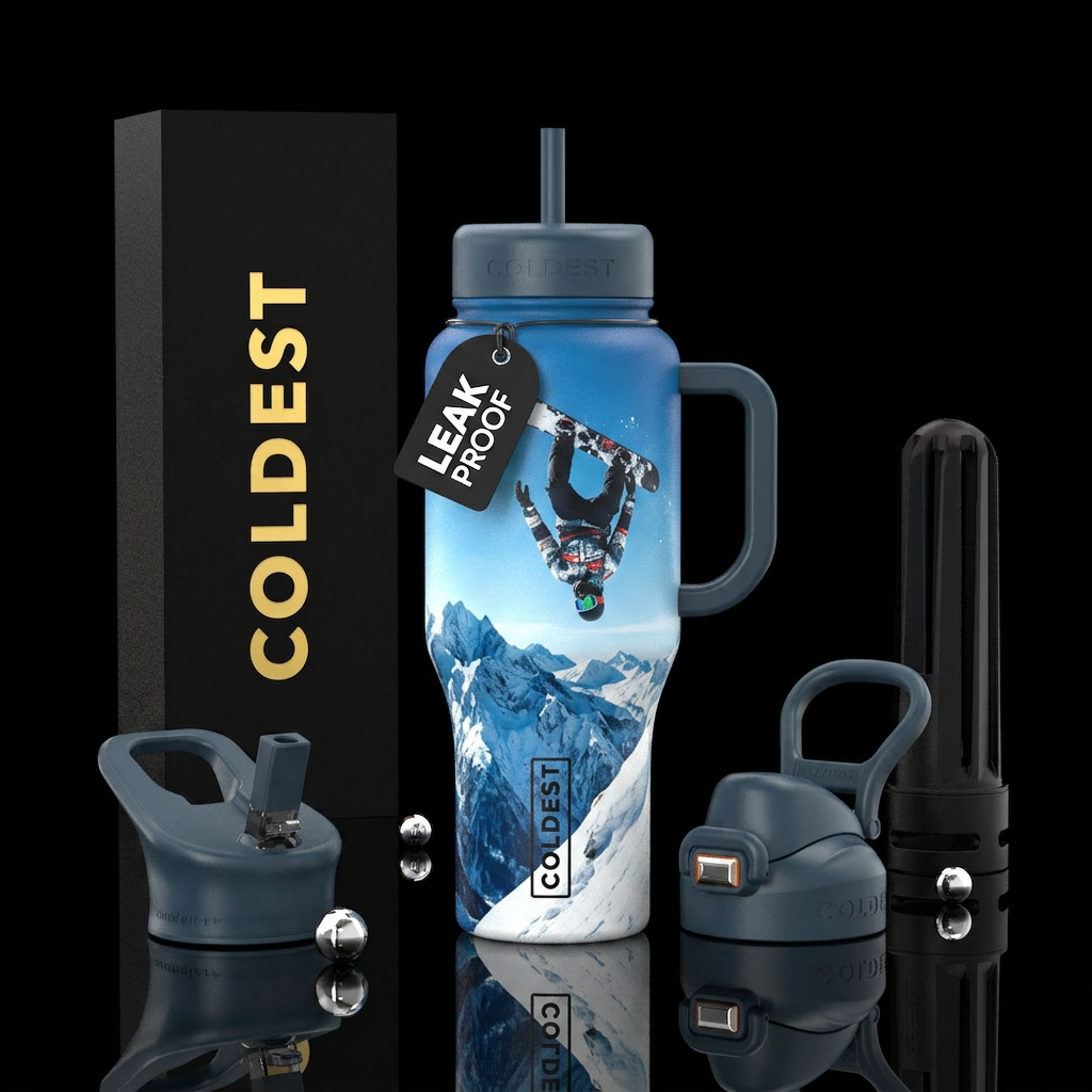 Snowboarder doing backflip in air on snow covered ... water bottle design