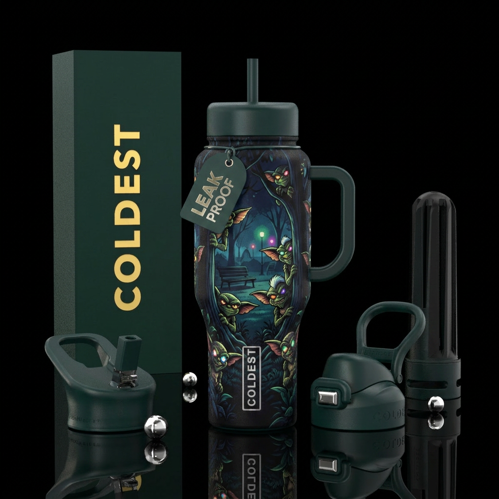 Gremlins with glowing eyes peaking out from trees ... water bottle design