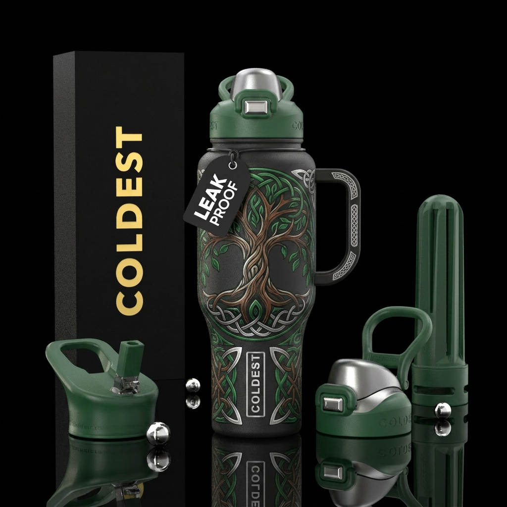 Tree of wisdom with celtic knotwork, shades of gre... water bottle design