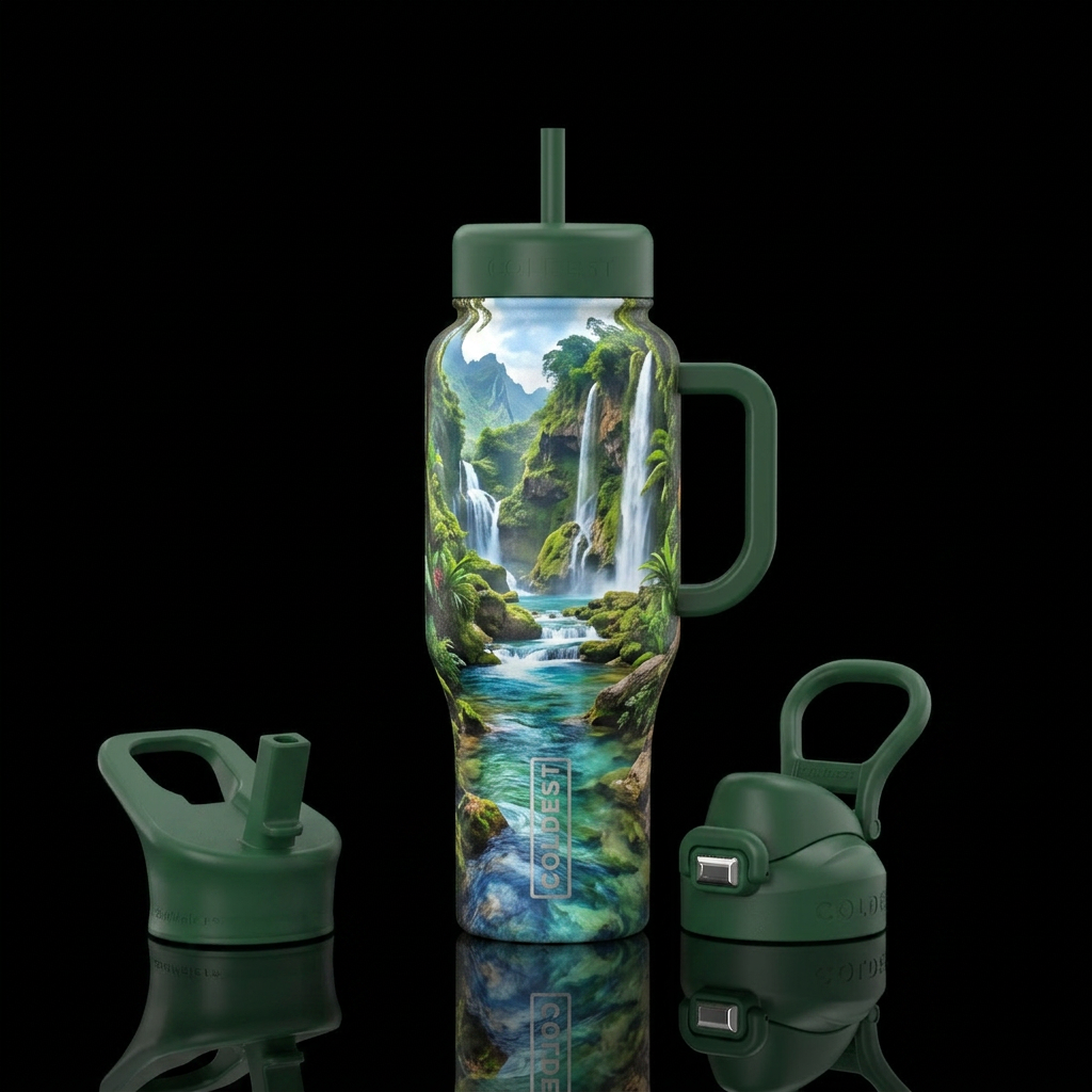 Waterfall oasis and stream in mountain landscape water bottle design