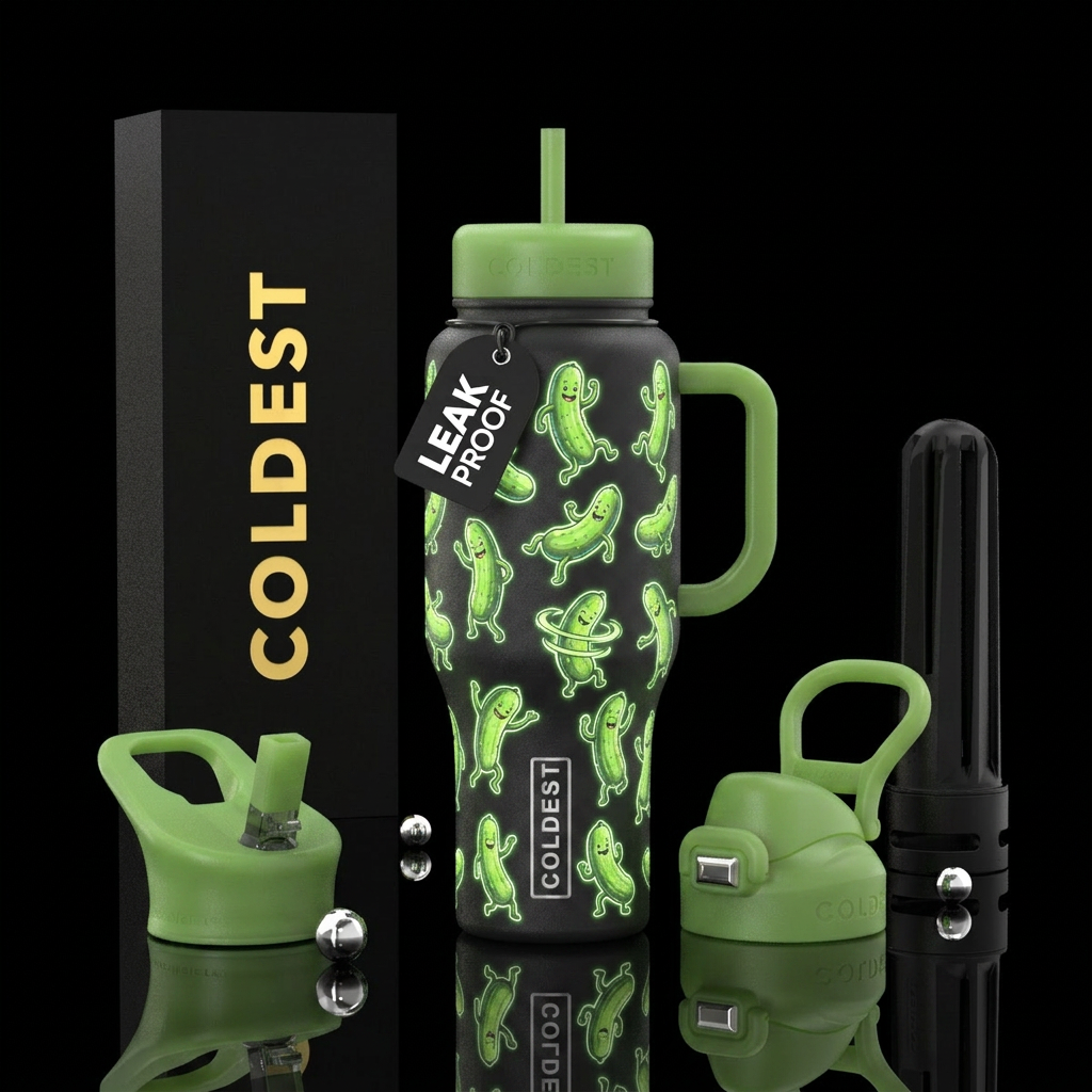 Glow in the dark pickles dancing water bottle design