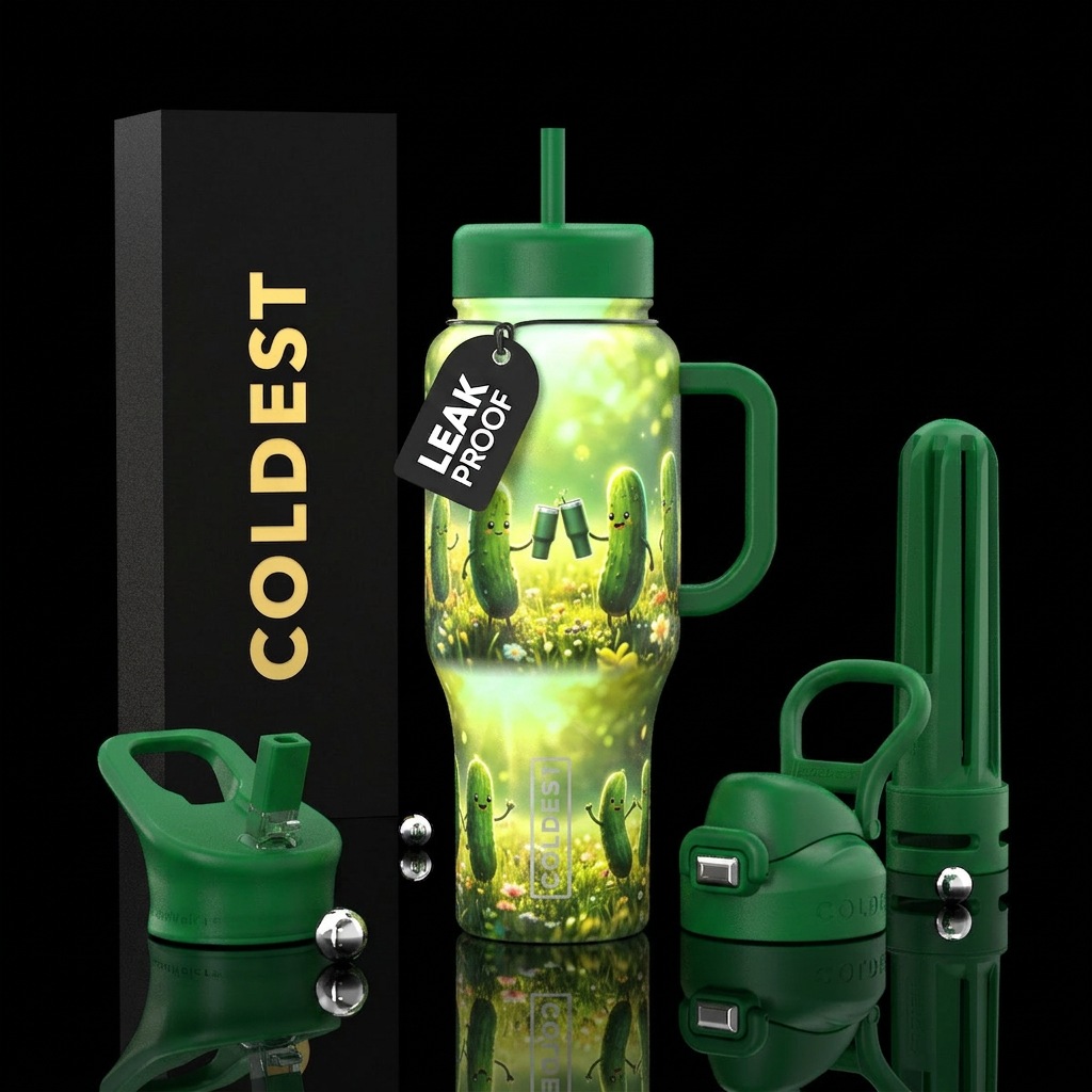 Glow in the dark Pickles toasting with Tumblers in... water bottle design
