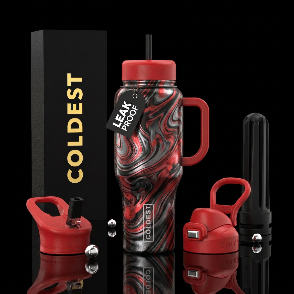 Shimmering metallic black red Grey marble swirl water bottle design