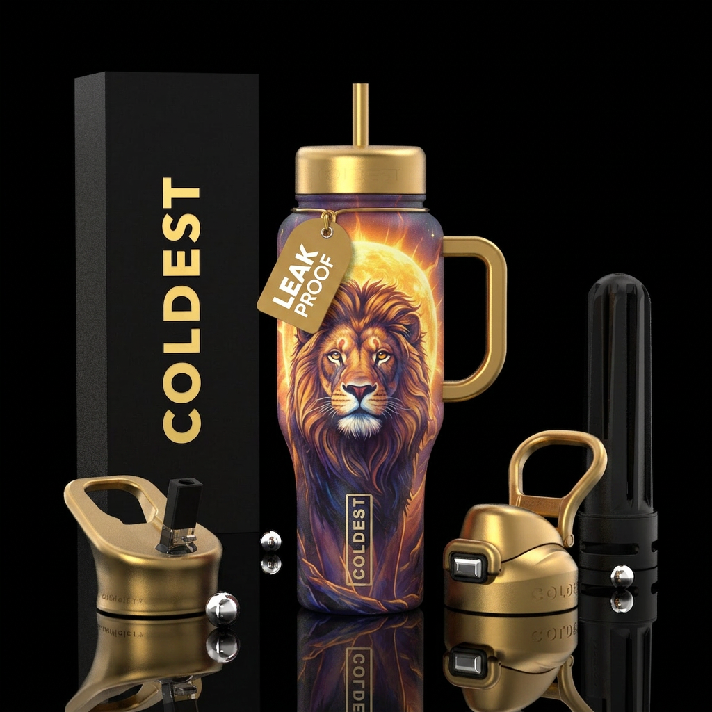 Lion in front of glowie large sun water bottle design