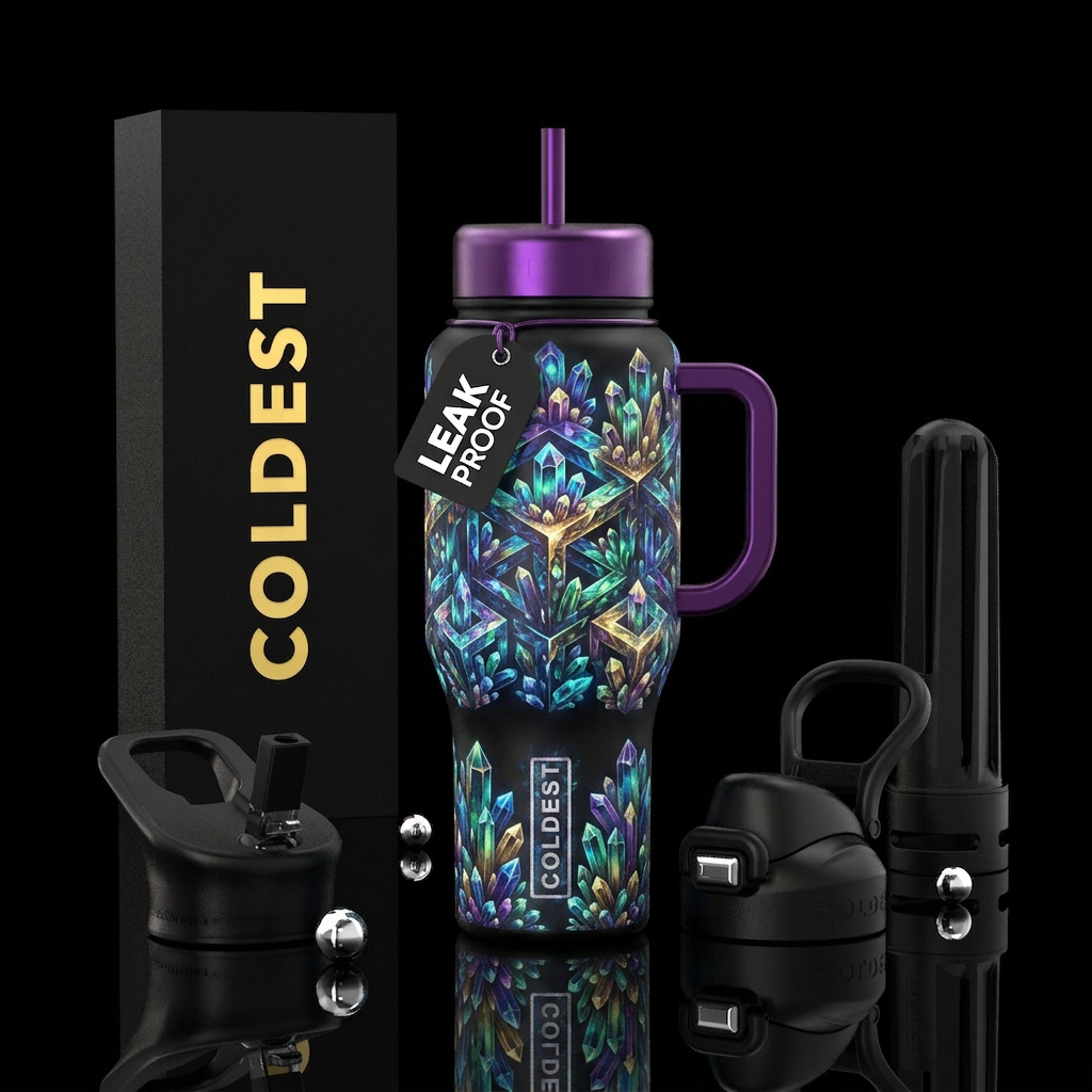 Glowing sparkling crystals in the style if m. C. E... water bottle design