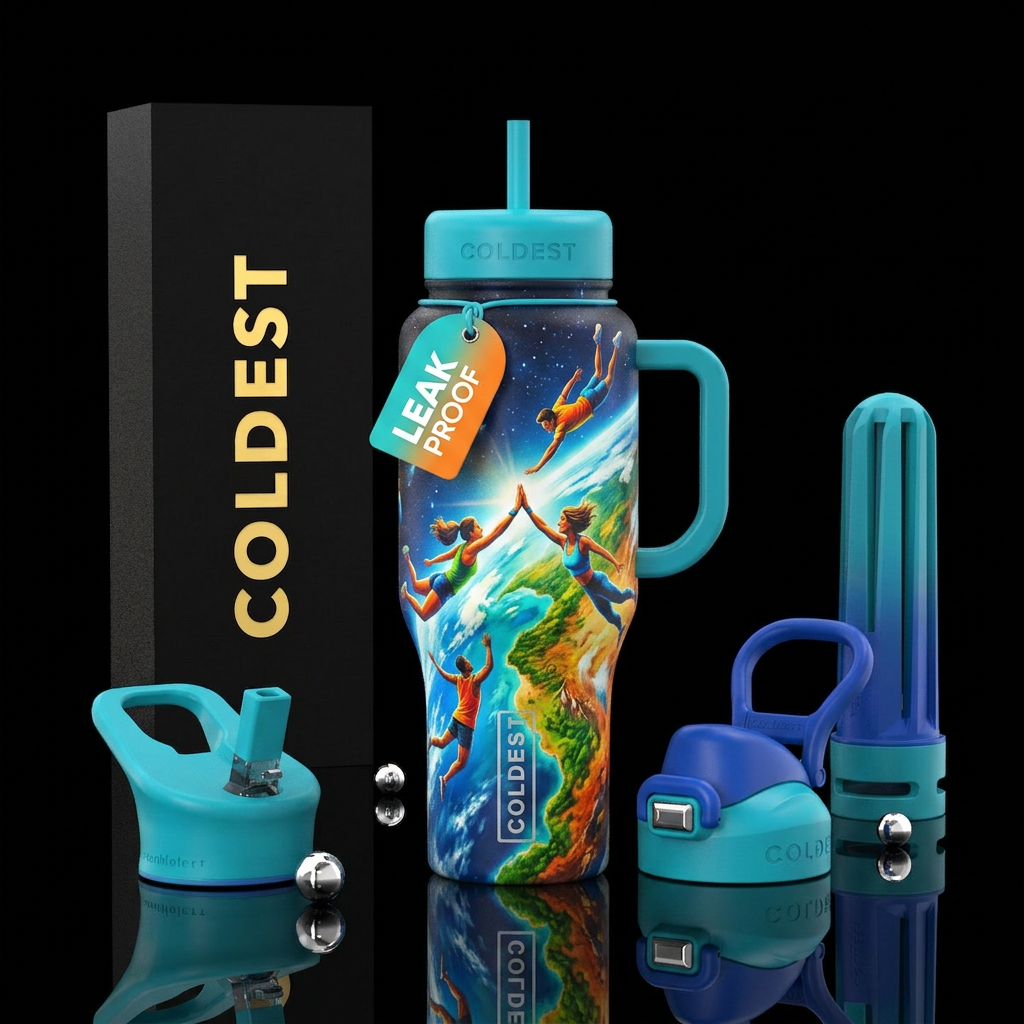 Jump, free falling, high five the earth water bottle design