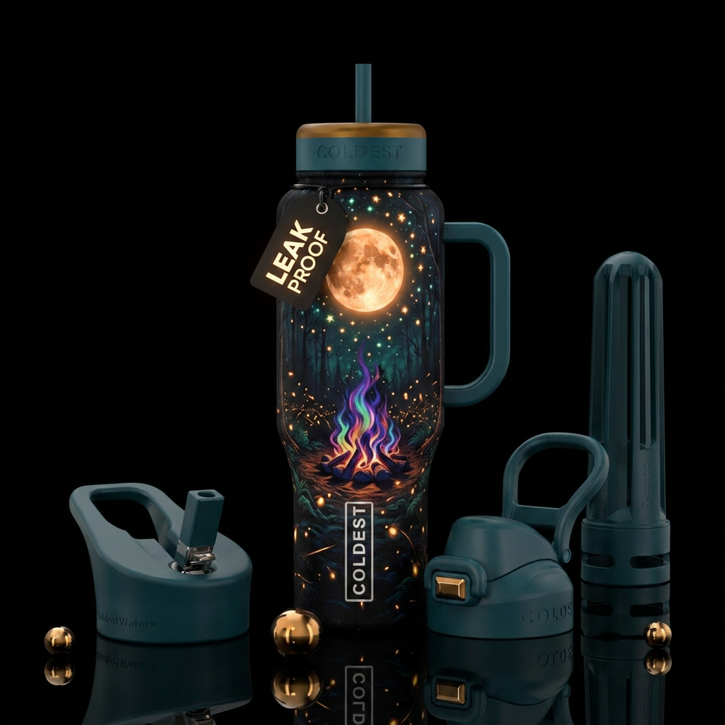 Glowing Campfire with multi colored flames dancing... water bottle design
