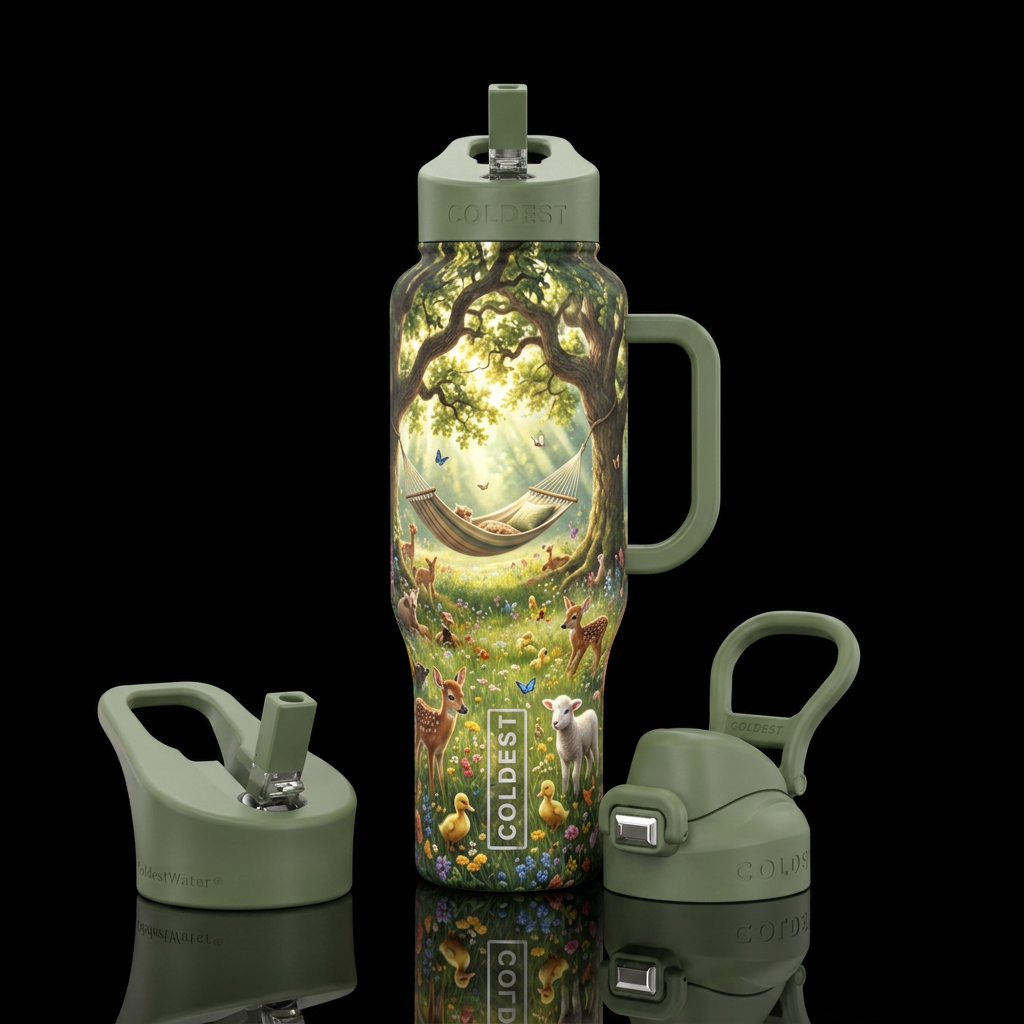 Hammock hung between two trees in sun lit meadow w... water bottle design