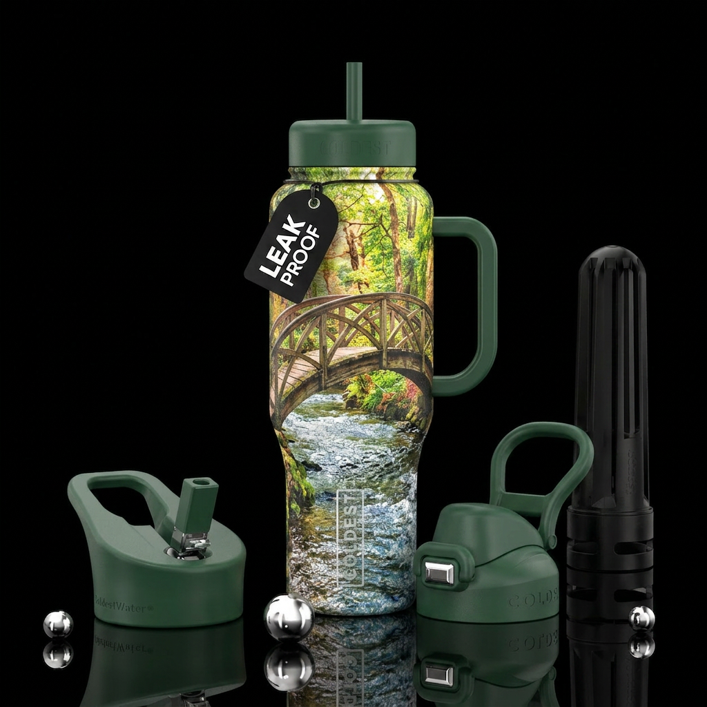 Wooden bridge arch over stream in forest water bottle design