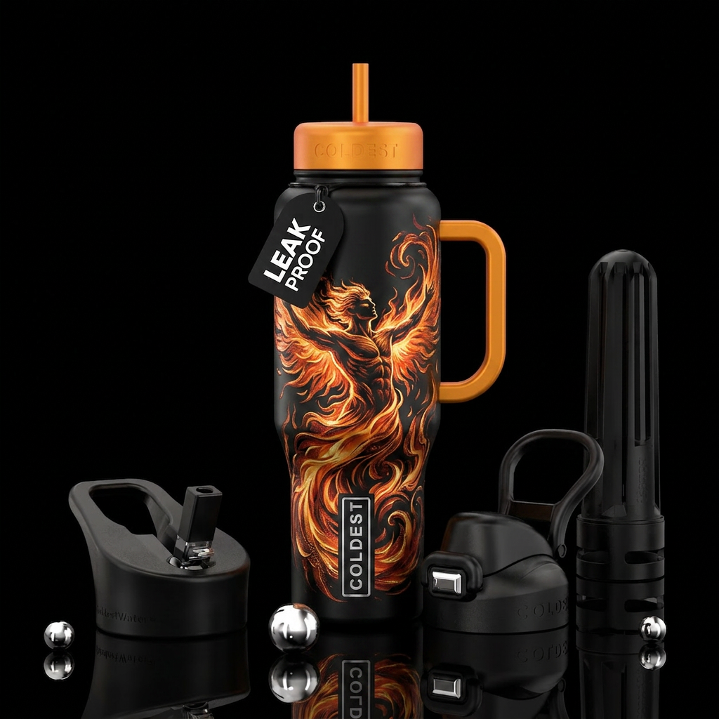 Promethius with swirling flames water bottle design