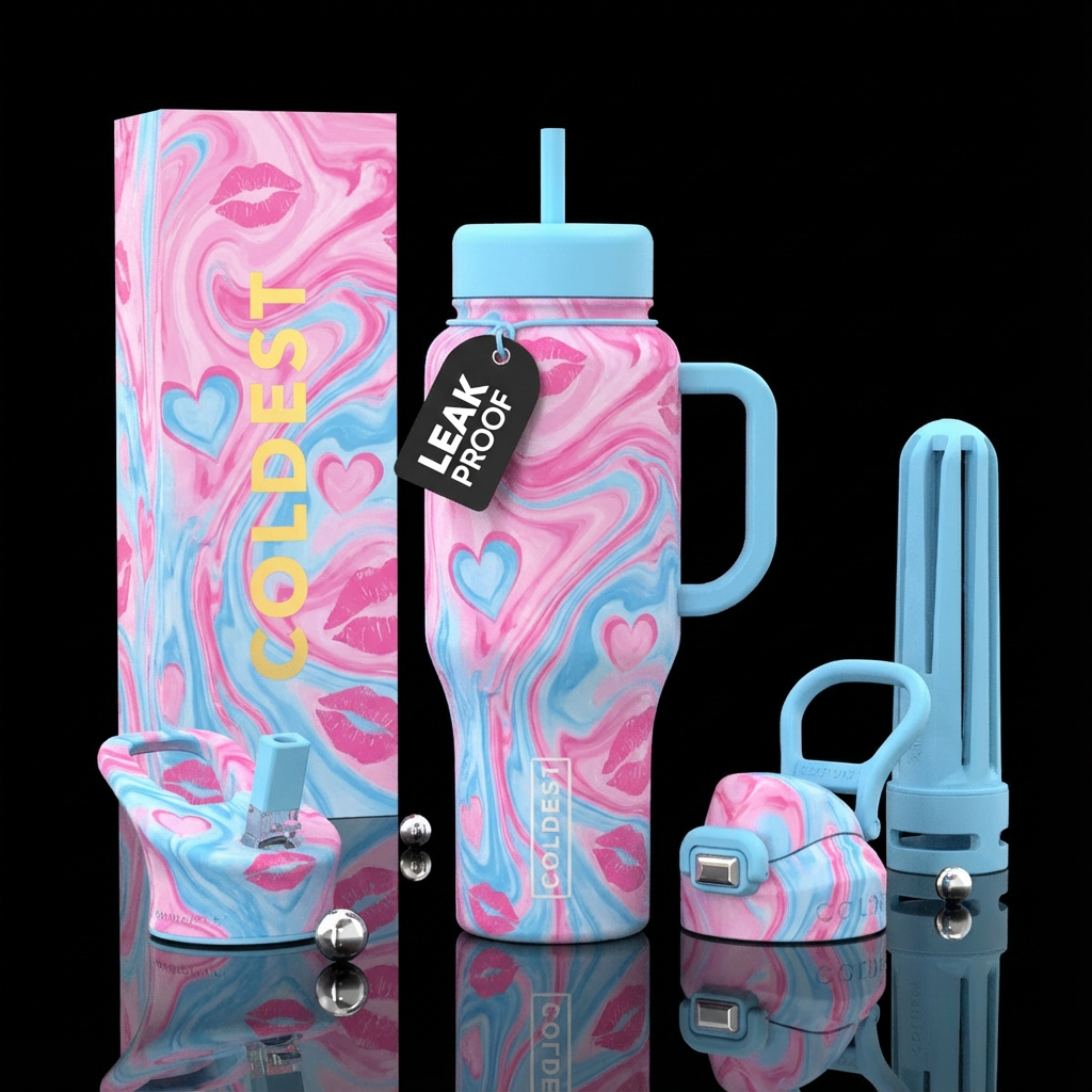 A beautiful pink and baby blue marble design with ... water bottle design