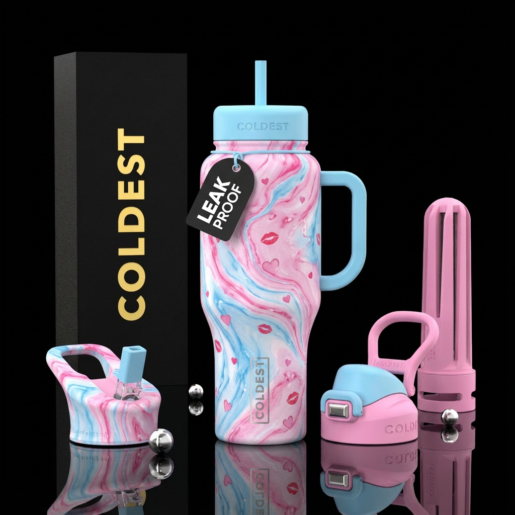 A beautiful pink and baby blue marble design with ... water bottle design