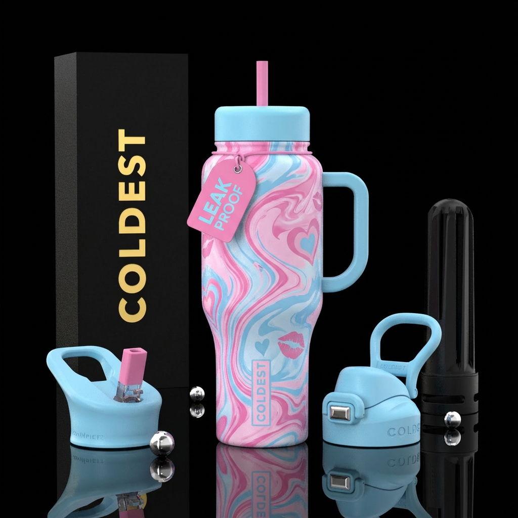 A beautiful pink and baby blue marble design with ... water bottle design