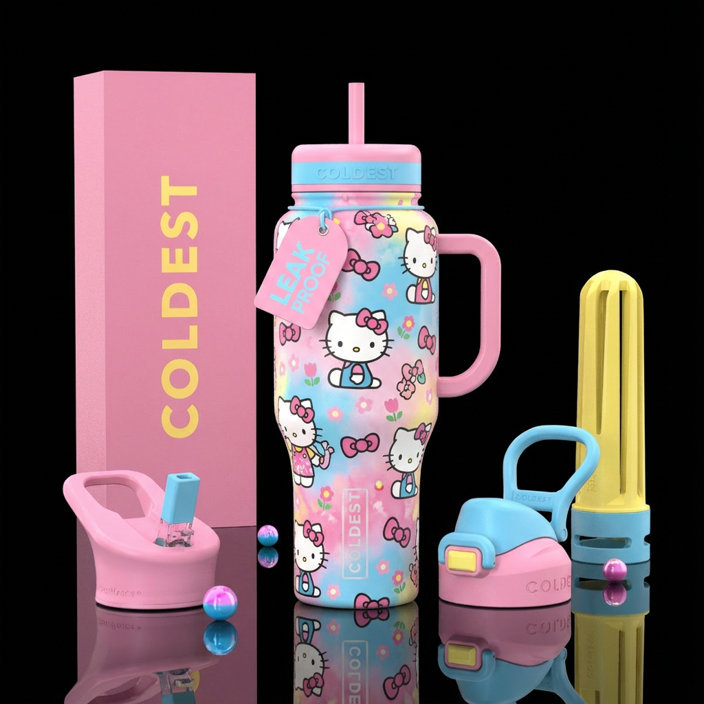 Baby pink with a hint of yellow and sky blue with ... water bottle design