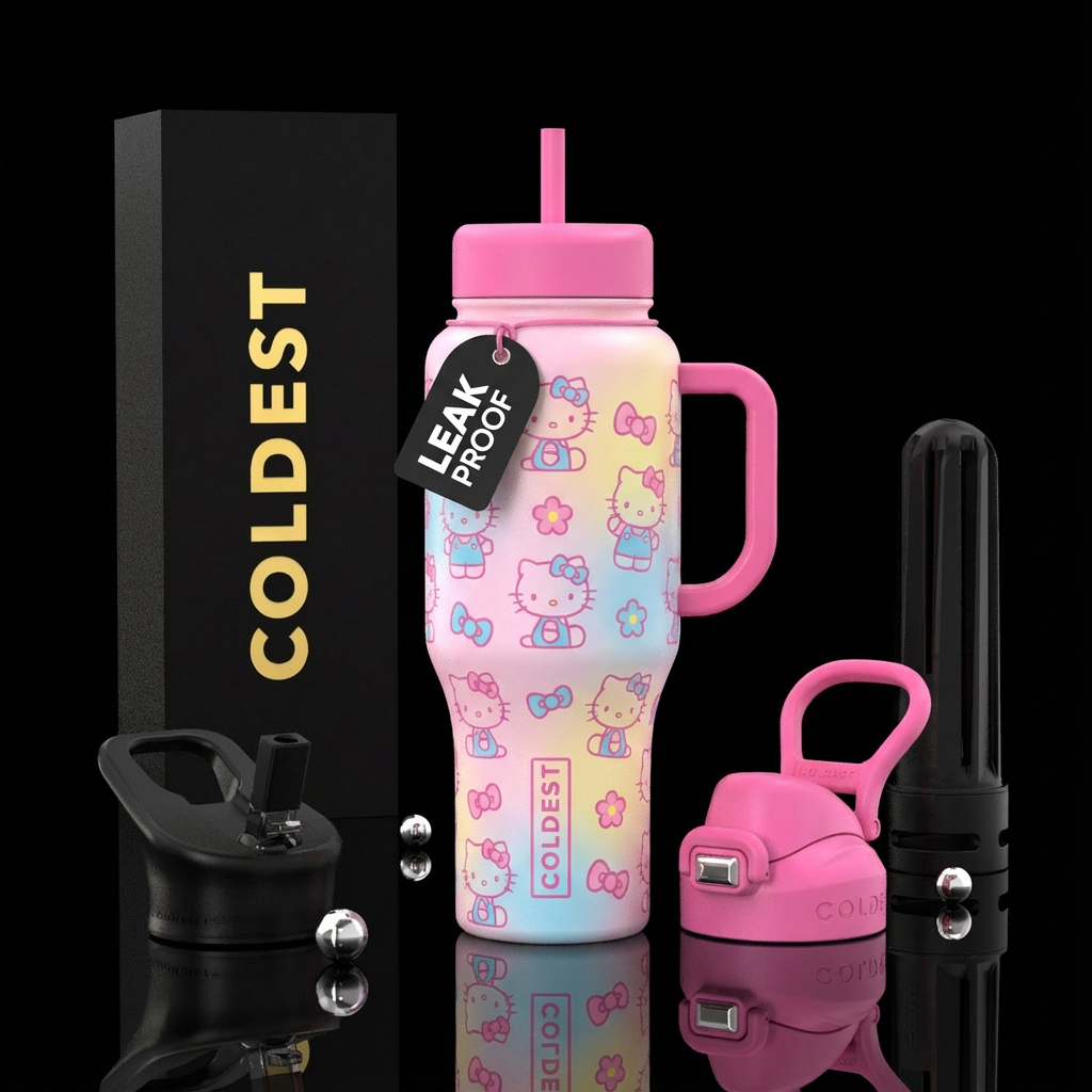 Baby pink with a hint of yellow and sky blue with ... water bottle design