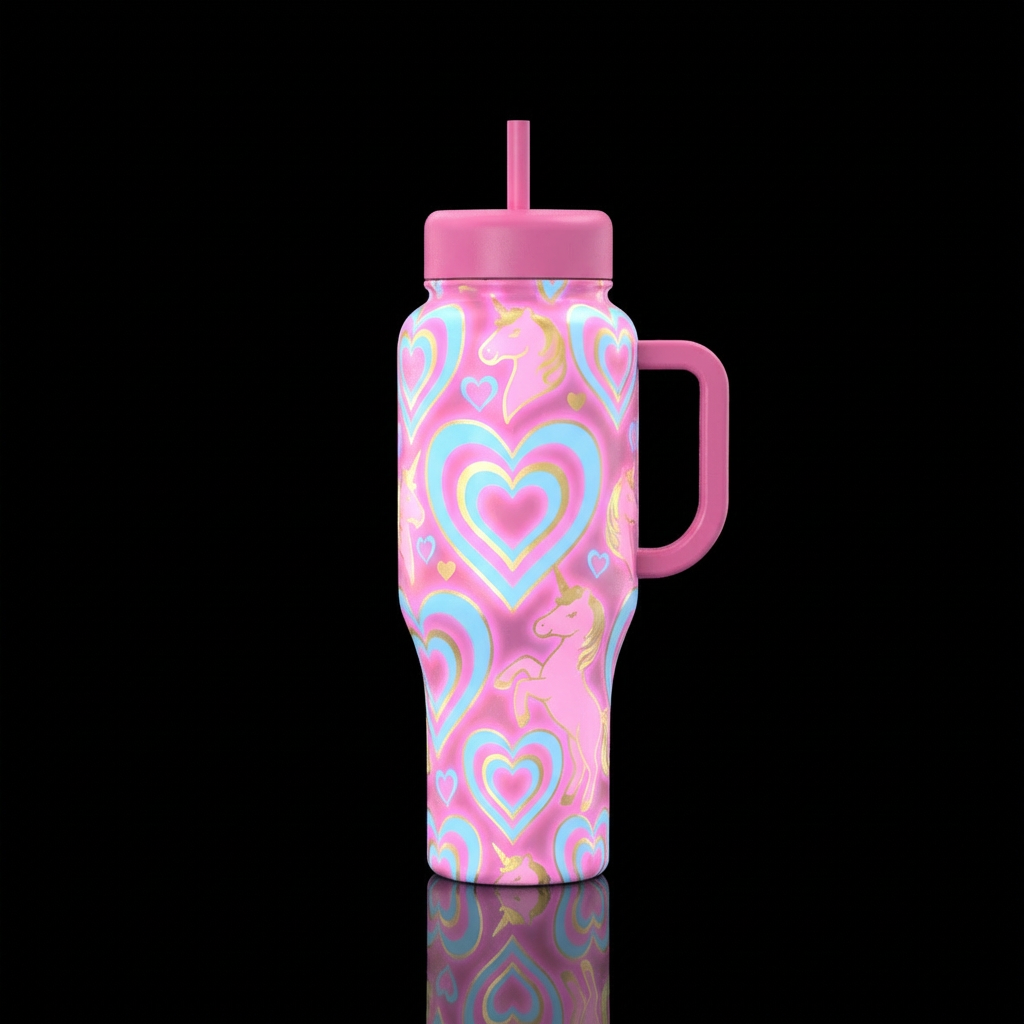 Pink baby blue and gold unicorn glowing heart water bottle design