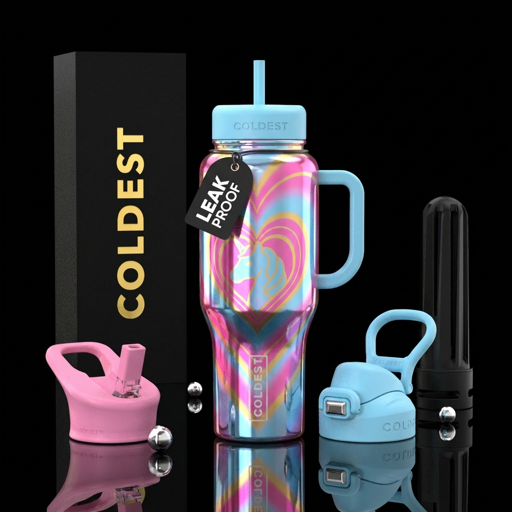 Pink baby blue and gold unicorn glowing heart water bottle design