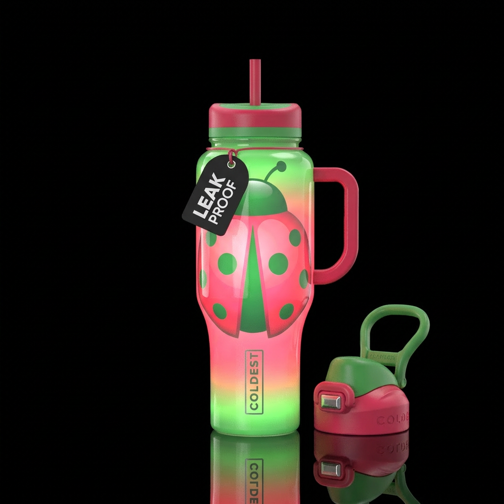 A pink red and green glowing lady bug bottle water bottle design