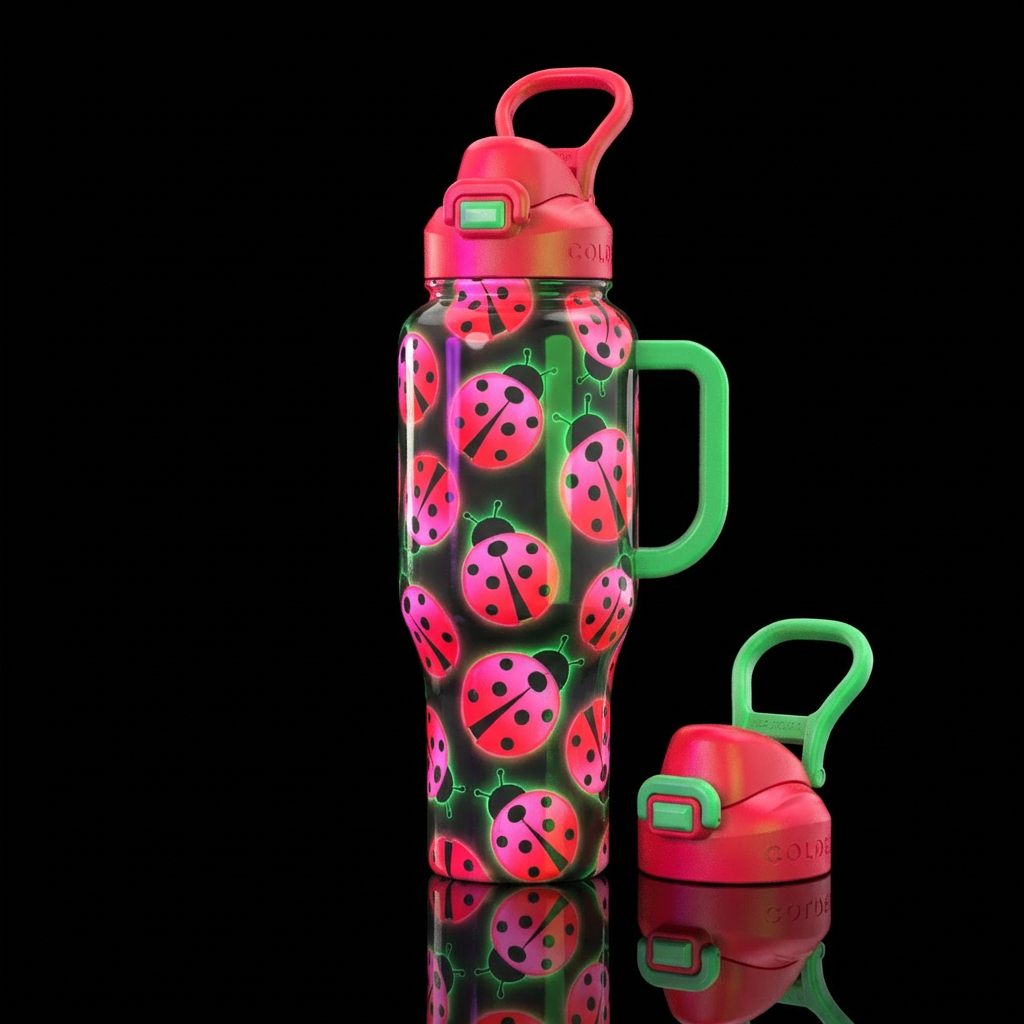 A pink red and green glowing lady bug bottle water bottle design