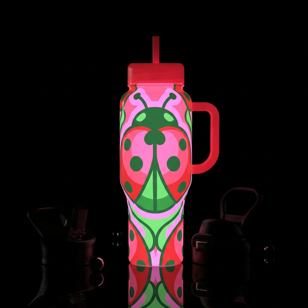 A pink red and green glowing lady bug bottle water bottle design
