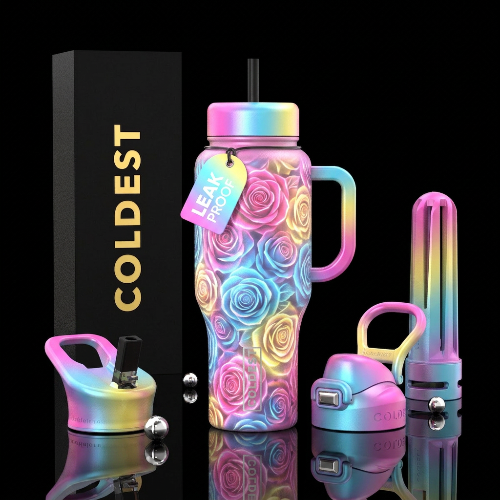 Pink baby blue and yellow glowy roses water bottle design