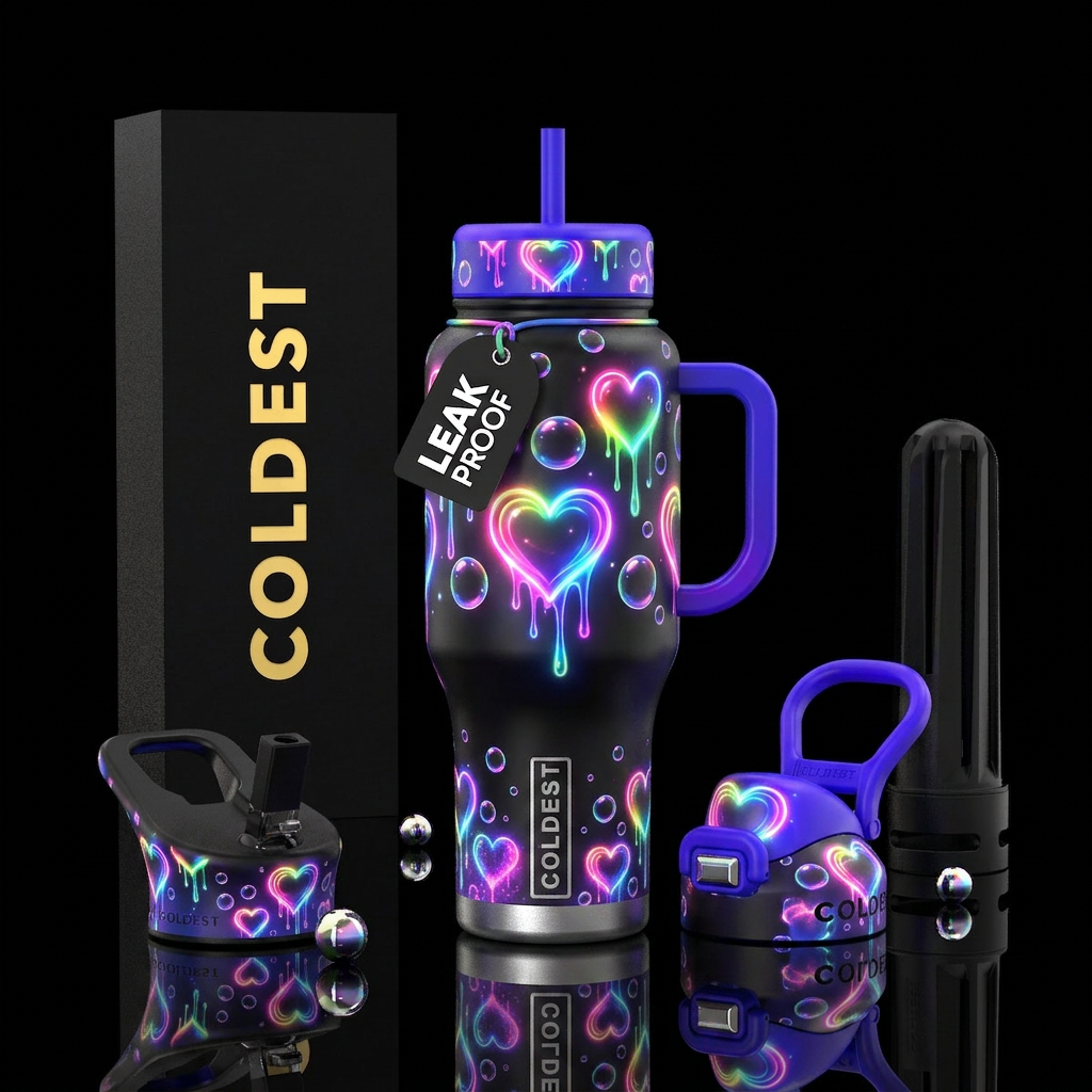 Dripping glowie rainbow hearts and bubbles water bottle design