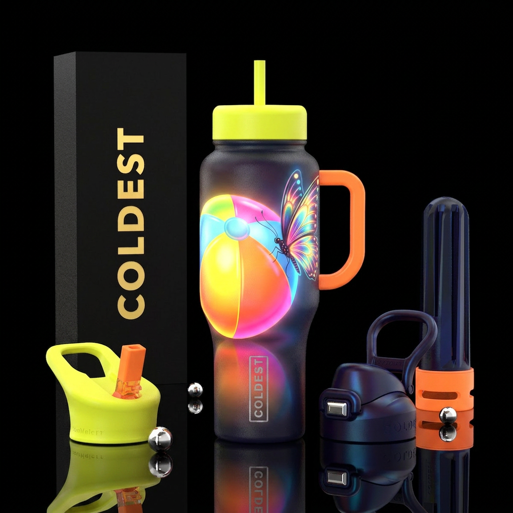 A bright glowie summer beach ball and butterfly water bottle design
