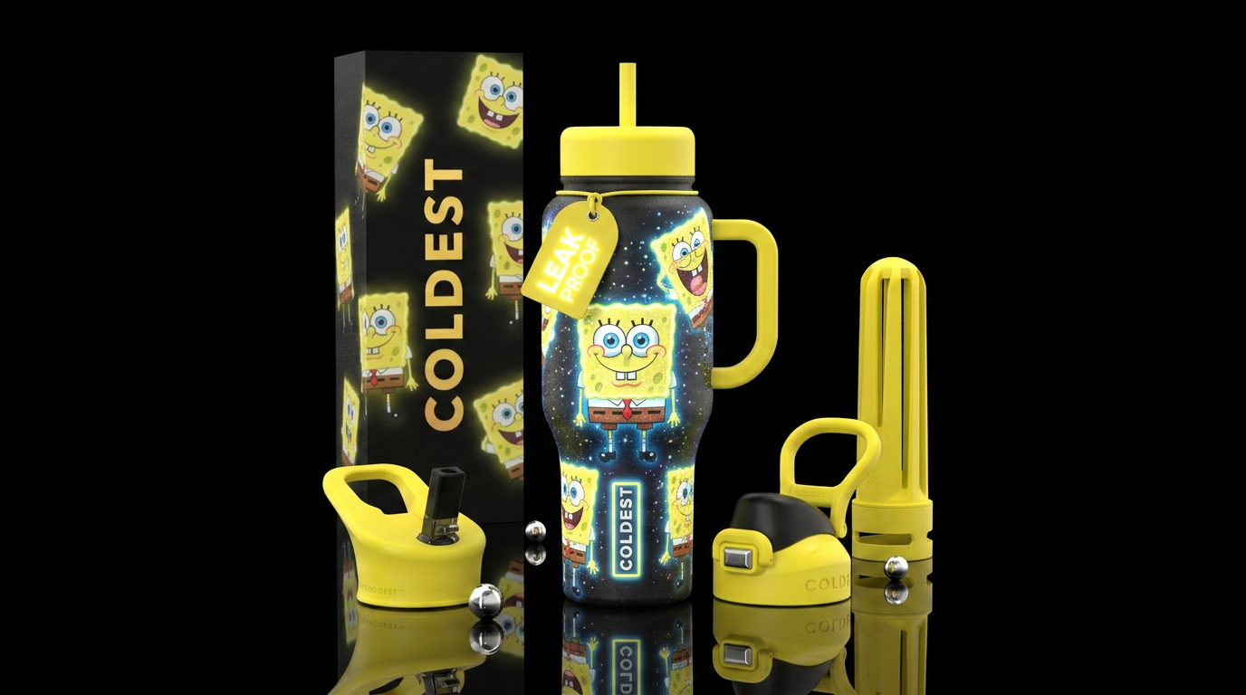 Spongebob, glowie, sparkly, funny water bottle design
